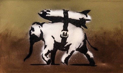 Banksy - Heavy Weaporny, Elephant with rocket, 2003, exhibition The World of Banksy