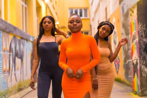San Sebastián, Gipuzkoa Spain, February 2021: Fashionable urban style with three black African