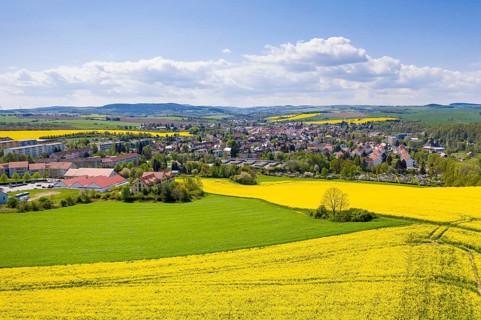 Aerial view of the town from the north with town hall and town church, Dippoldiswalde, Erzgebirge,