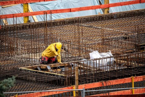 Construction site, reinforced concrete mats, for a building ceiling, are installed