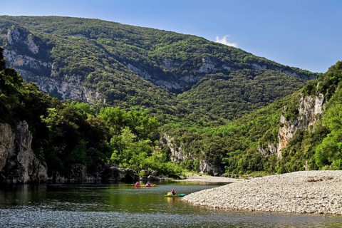Canoes on the Ardèche River, Ardèche Gorge, Gorges de l'Ardèche, Vallon-Pont-d'Arc, Rhône-Alpes,