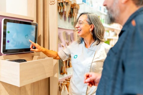 Man buying medicines on a technological and innovative store while female saleswoman using laptop