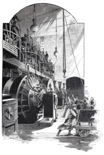 Manufacture of dynamo machines at Berliner Elektrizitätswerke, 1890, Germany, illustration,