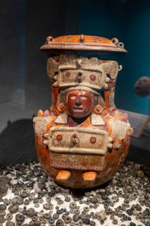 Ceramic vase depicting Chicomecoatl goddess of ripe corn, archaeological site and museum of Templo