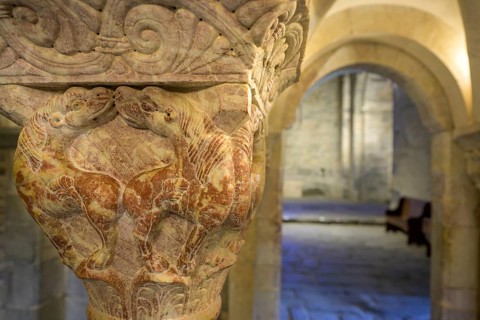 Detail of a Romanesque column of the gallery, Prieuré de Serrabone, Boule-d'Amont, Département
