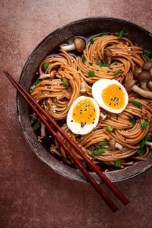 Buckwheat noodles, soba, with shimeji mushrooms, boiled egg, green onion, sesame seeds, homemade,