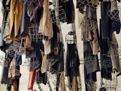 Working clothes with baskets in the washroom, changing room, visitor mine, Rammelsberg ore mine,