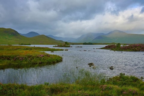 Lake with mountains and cloudy sky, quiet and peaceful landscape, Rannoch Moor, Bridge of Orchy,