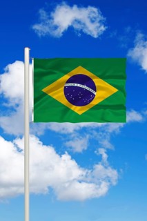 Brazil, South America, national flag, flag, flag, flagpole, cumulus clouds in front of blue sky,