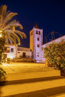 Night view of Santa Maria de Betancuria church in Fuerteventura, Canary Islands, Spain, illuminated