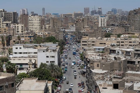 Cairo, Egypt. April 16th 2025. Aerial rooftop view of the densely populated Egyptian capital city