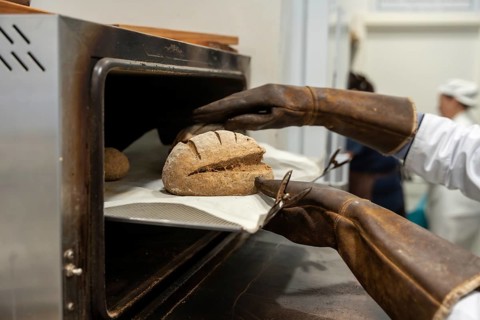 Professional baker's gloved hands sliding a tray of freshly scored artisan bread loaves into a hot