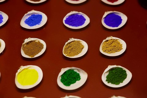 Pigments divided into shells in various bright colours, Museum of Icon Painting, Thari Monastery,