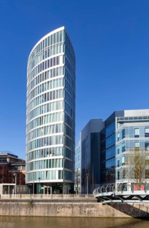 Modern architecture of The Eye apartment block building, Valentine Bridge, Temple Quarter