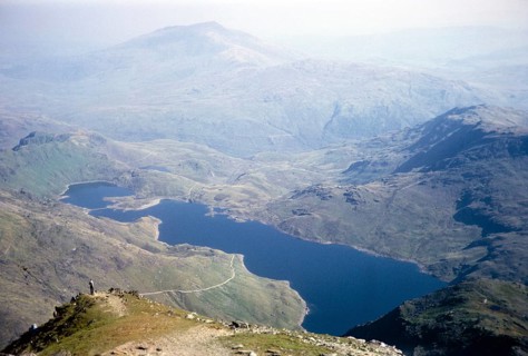 View of Lake Llyn Llydaw from the summit of Mount Snowdon, Snowdonia, North Wales, UK 1966