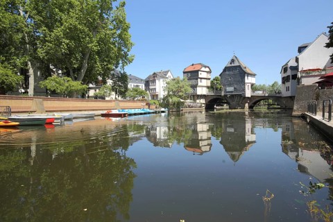 Close to bridge houses, shore, reflection, landmark, Bad Kreuznach, Rhineland-Palatinate, Germany