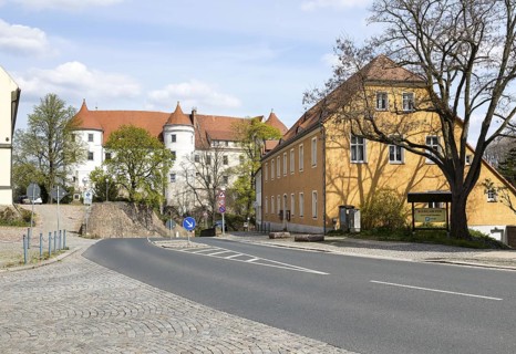 West wing with 3 half towers, view of Nossen Castle from Untermarkt, Saxony, Germany