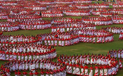 Several thousands of dancers perform traditional Jhumur dance, as they full dress rehearse on the