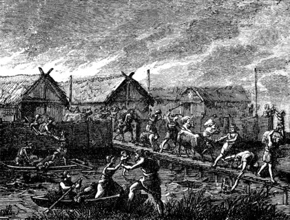 Escape from the burning prehistoric pile dwellings, pile village with wooden houses and thatched