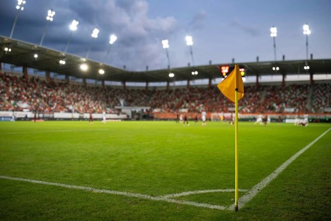 Corner of the football field during the game in Lubin, Poland