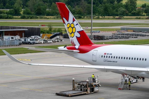 Edelweiss Airbus A350-941 tail fin aircraft, HB-IHB, Zurich Kloten, Switzerland