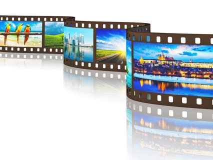 Global travel world countries concept, photo film with travel images with reflection on white