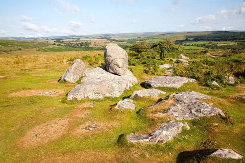 Granite upland landscape at Combestone Tor, near Hexworthy, Dartmoor national park, Devon, England,