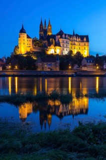 Bishop's castle, Albrechtsburg and cathedral with Elbe at blue hour, Meissen, Saxony, Germany