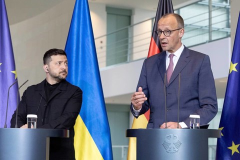 Berlin, Germany - 28.5.2025: Volodymyr Zelensky (President of Ukraine, l.) and Friedrich Merz