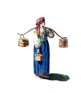 Historical clothing, fashion over time, clothing of a market woman from Russia in 1764, digitally