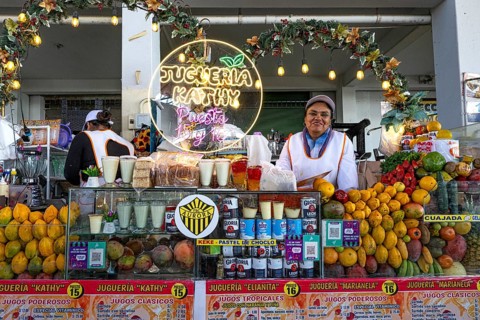 A friendly smiling woman from the indigenous population behind a stand with exotic fruits for the