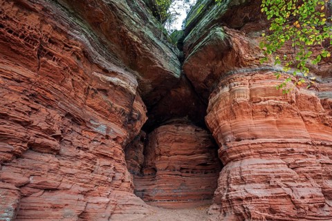 Old castle rock, red sandstone rock formation, natural and cultural monument, Brechenberg near