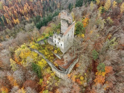 Aerial view of the ruins of Altbodman on the Bodanrück, above the village of Bodman in autumn