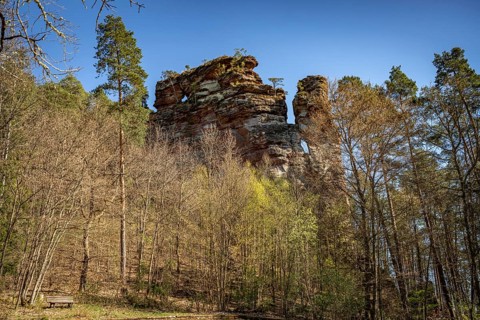 The Hochstein rock formation in the Dahner Felsenland in Dahn, Rhineland-Palatinate, Germany