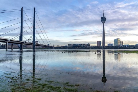 View of the Rhine knee bridge over the Rhine near Düsseldorf, from the Rhine meadows in