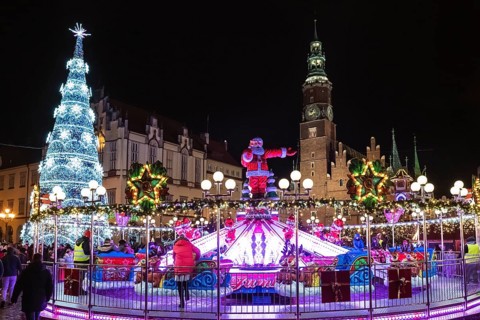 WROCLAW, POLAND - DECEMBER 09, 2018: Christmas fair in the market square of Wroclaw with the