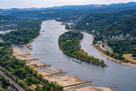 Low tide in the Rhine, view of the banks of the Rhine near Bad Honnef Rhöndorf from Drachenfels,