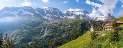Panorama, picturesque mountain landscape with Berghotel Obersteinberg, Schmadribachfall waterfall