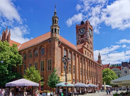 The medieval brick town hall on the Old Market Square, Rynek Staromiejski, in Torun. The historic