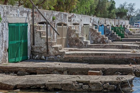 Historic boat garages, in Spanish Escars or Barraques, Portocolom, Majorca, Balearic Islands, Spain