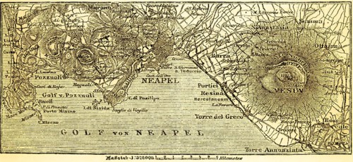 Map of the city of Naples and the surrounding area with the Vesuvius volcano, Pompei, Torre