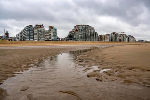 The skyline of Knokke-Heist, on the North Sea beach, dreary winter day, mostly apartment buildings