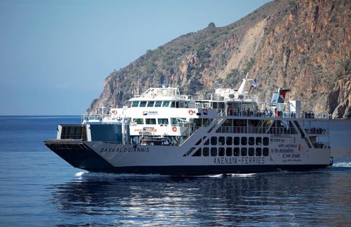 Ferry on the Libyan Sea with the Lefkia Ori or White Mountains in the background, Crete, Greece