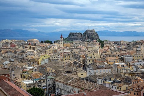 Corfu Town, Corfu, Greece, City overview Corfu Town with the Greek Orthodox Church of Agios