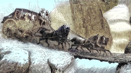 Historic stagecoach from the 19th century pulled by horses across a bridge in a rocky landscape,