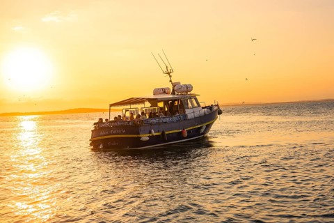 A boat sails through the ocean waves at sunset, Howth, Ireland