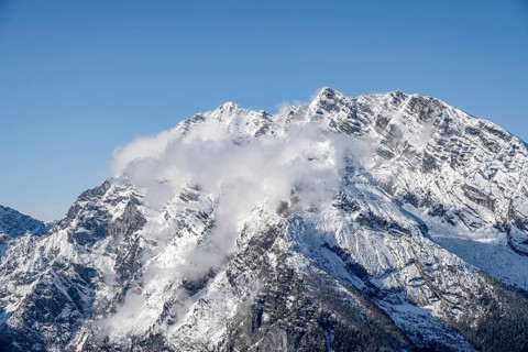 Watzmann summit, Watzmann ridge with snow and wispy clouds, from Jenner, Berchtesgaden National
