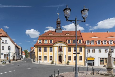 Town Hall and Postal Column on the Market Square, Strehla, Saxony, Germany