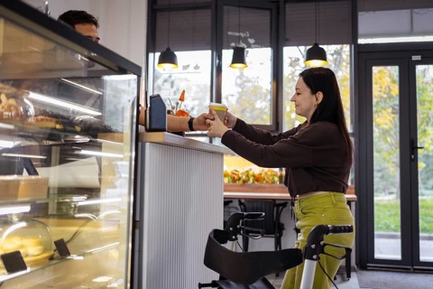 A woman with cerebral palsy receives a coffee cup from a barista at a cafe counter. A display case