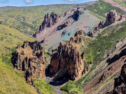 Colorful rock formations in the Valle Lunar, section of the Jeinimeni National Park, aerial view,